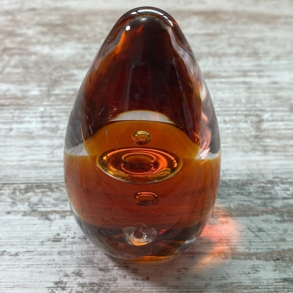 Vintage Amber Art Glass Teardrop Paperweight Murano Style Controlled Bubble